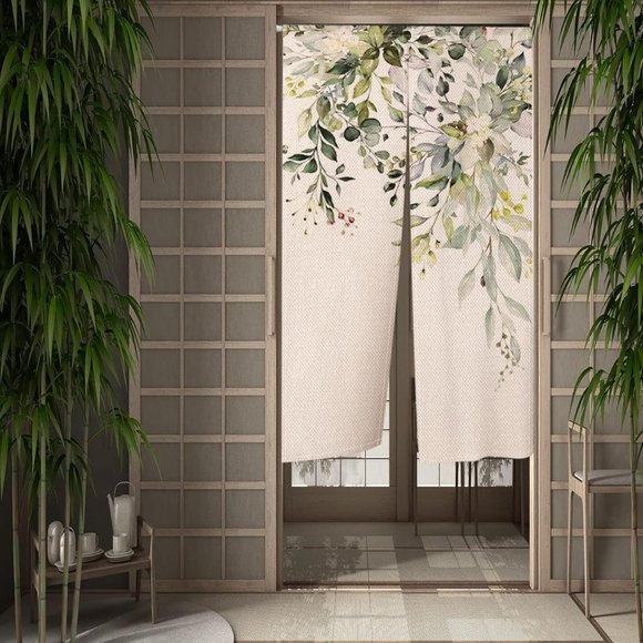Botanical Green Leaves Flower Vines Floral Japanese Noren Curtains Asian Art New - Picture 2 of 10